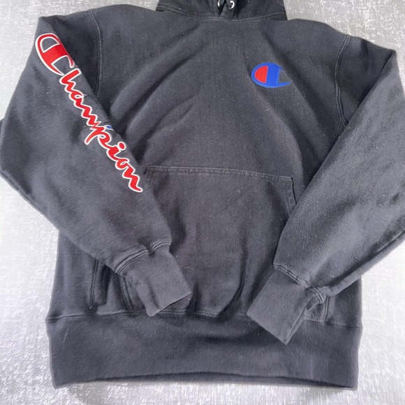 Champion Hoodie Mens Medium Black Reverse Weave Fleece Pullover Logo Sleeve - Picture 4 of 8